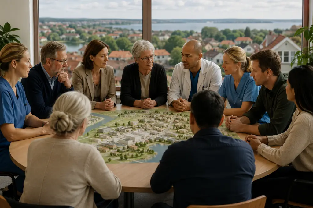 Møde om byplanlægning med modeller.