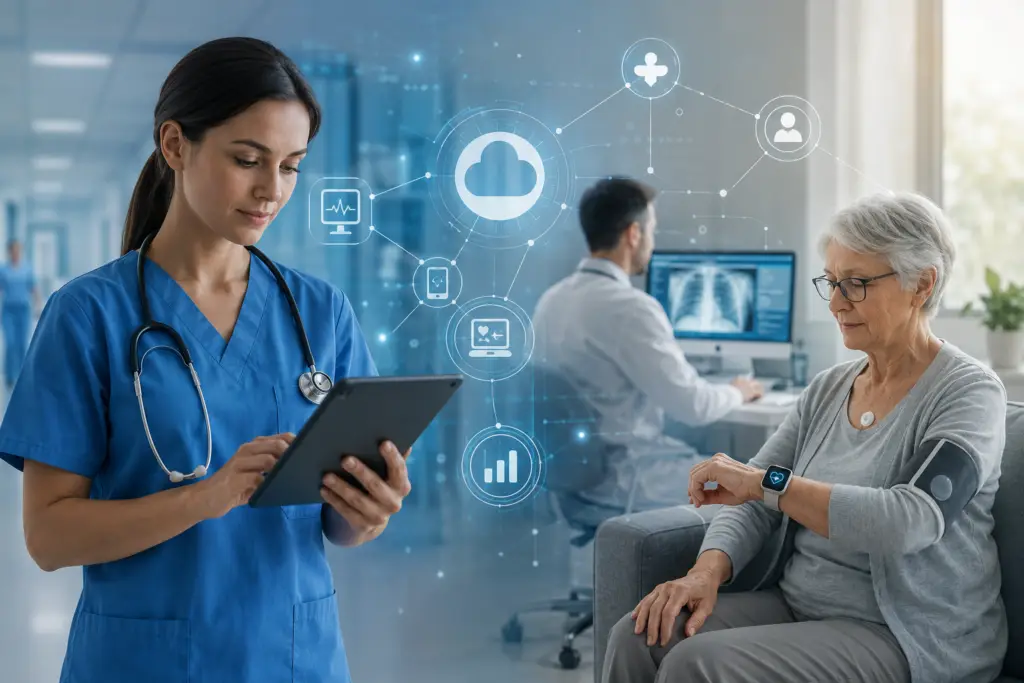 Sundhedspersonale med teknologi og patient
